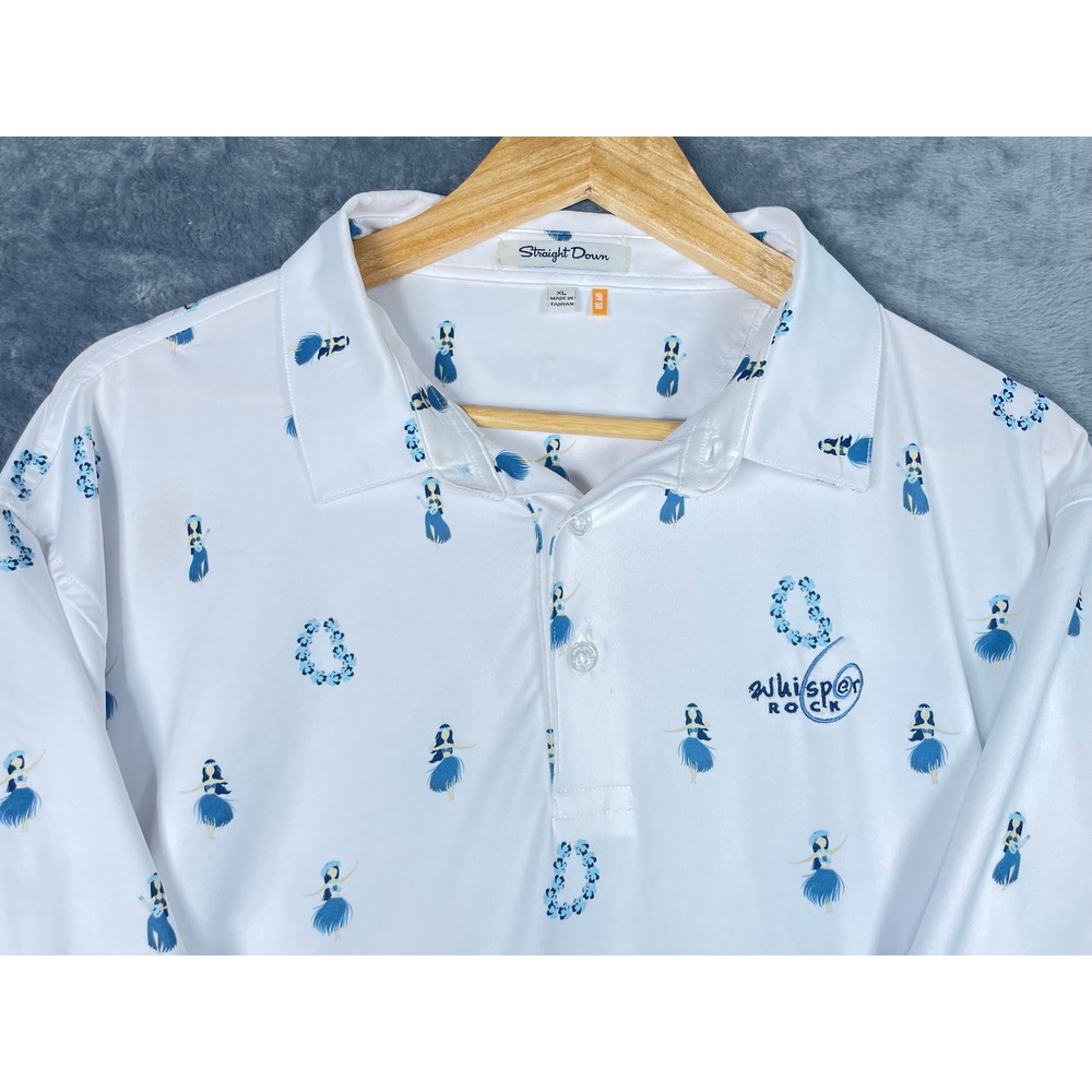 Straight Down Whisper Rock Golf Polo Mens XL White Hula Girl Print Stretch